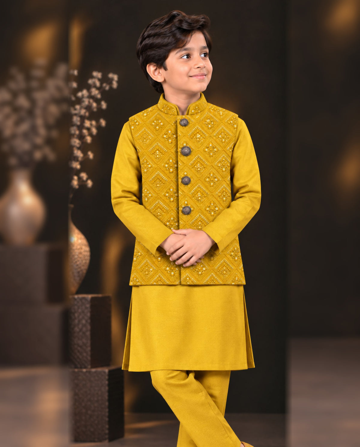 Boys Mustard Yellow Embroidered Waistcoat Suit — Front — Harisan Wear