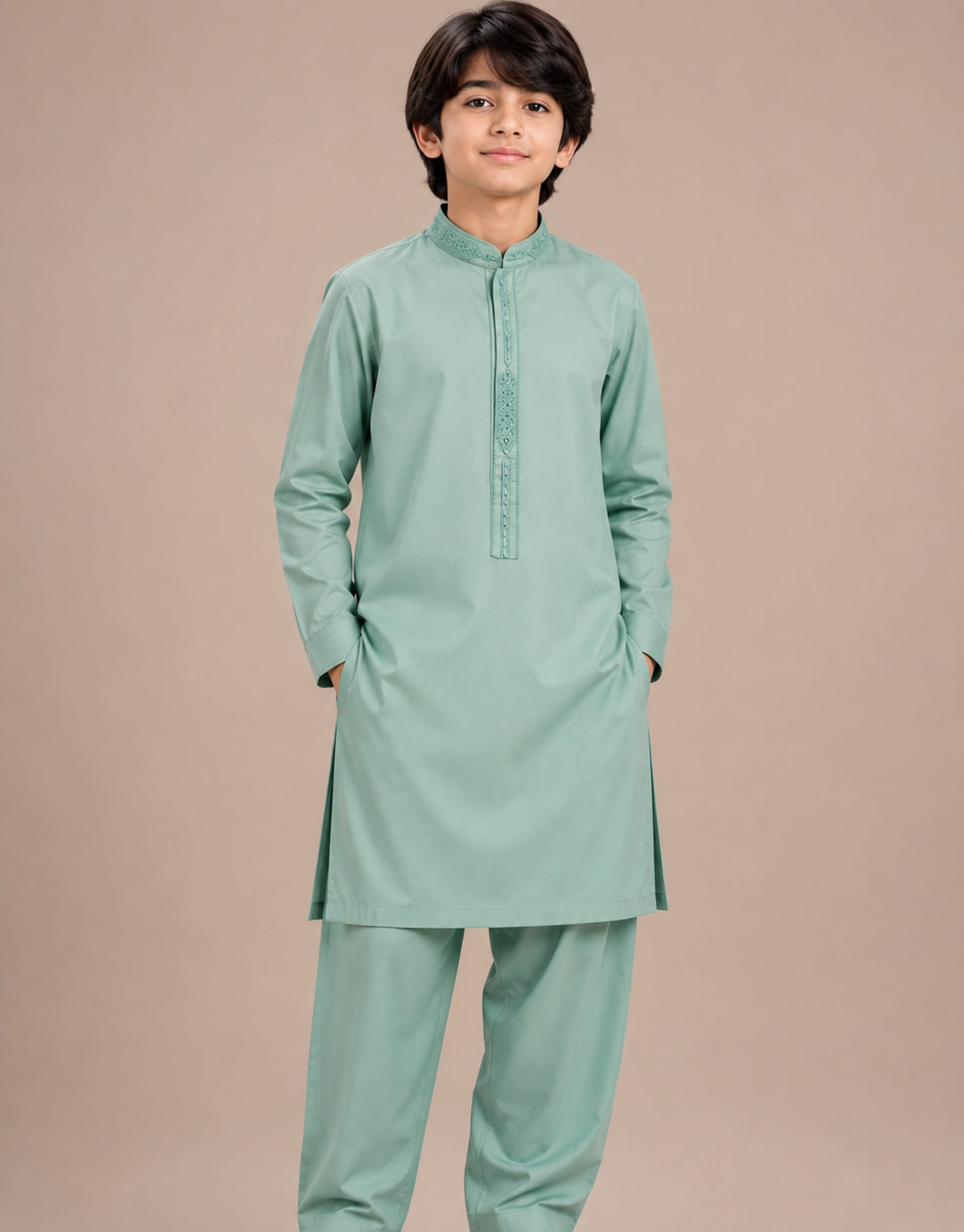 Boys Sage Green Embroidered Kurta Shalwar — Harisan Wear