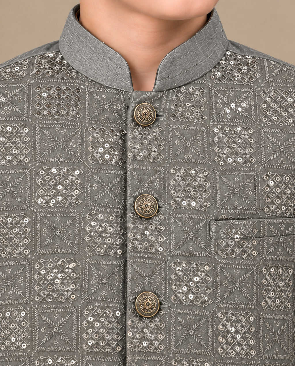 Boys Grey Embroidered Waistcoat Suit — Detail — Harisan Wear
