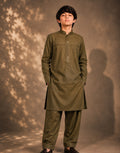 Boys Mehndi Green Embroidered Kurta Shalwar — Harisan Wear