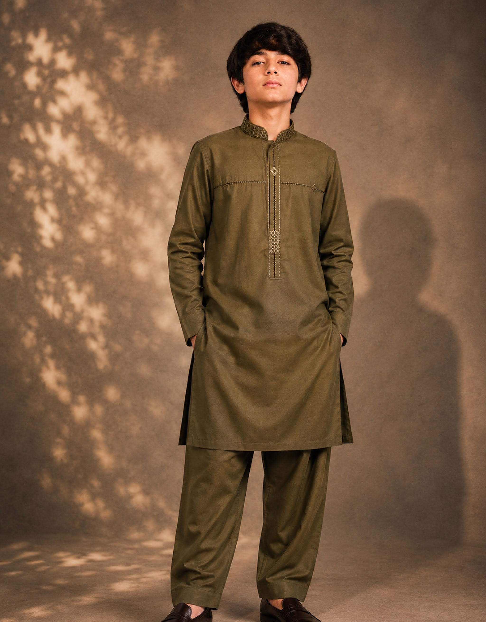 Boys Mehndi Green Embroidered Kurta Shalwar — Harisan Wear
