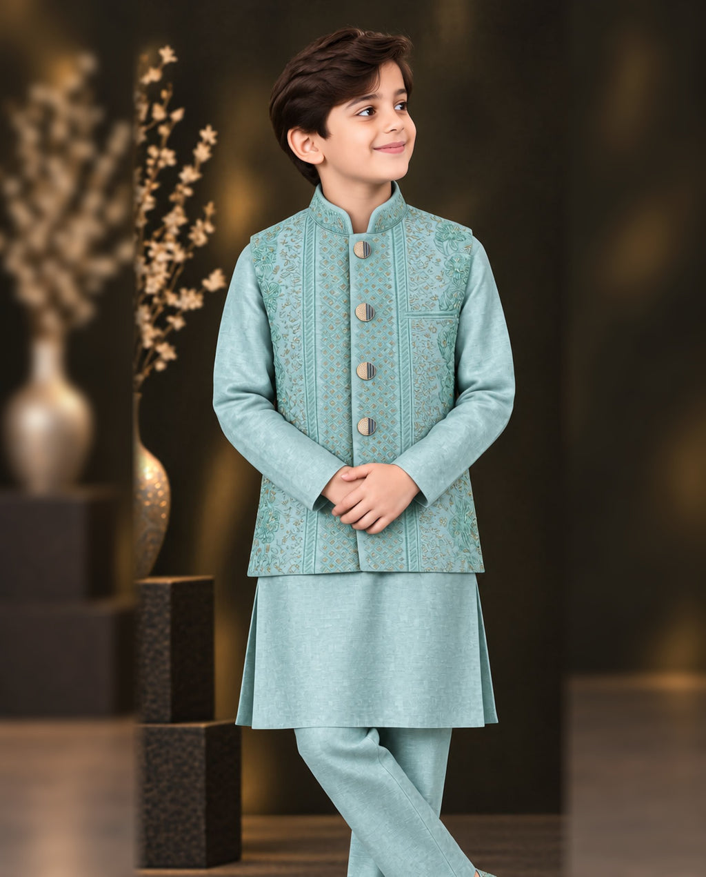 Boys Ice Blue Embroidered Waistcoat Suit — Front — Harisan Wear