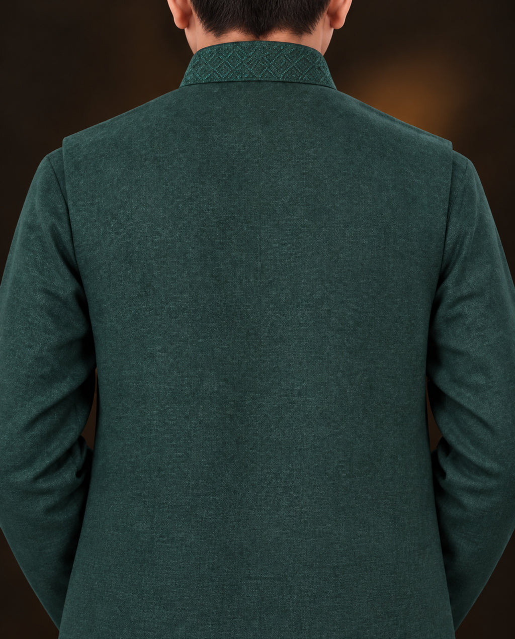 Boys Emerald Green Embroidered Waistcoat Suit — Back — Harisan Wear