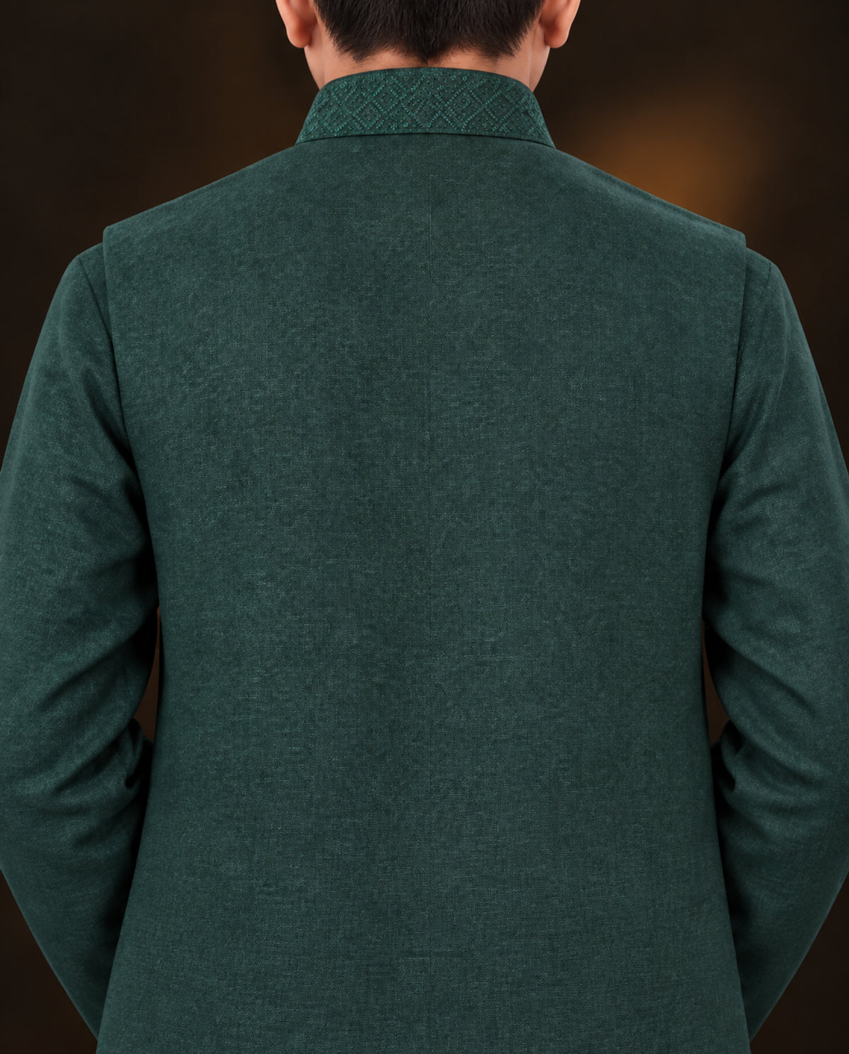 Boys Emerald Green Embroidered Waistcoat Suit — Back — Harisan Wear