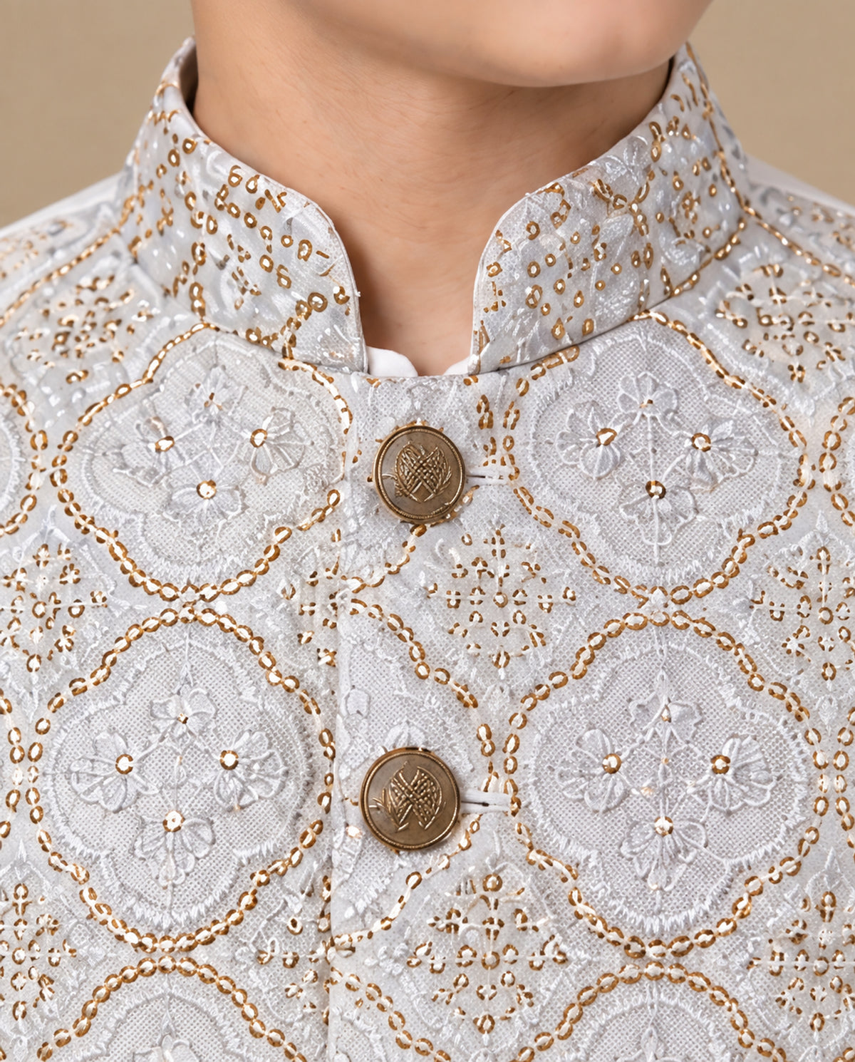 Boys Ivory & White Embroidered Waistcoat Suit — Detail — Harisan Wear