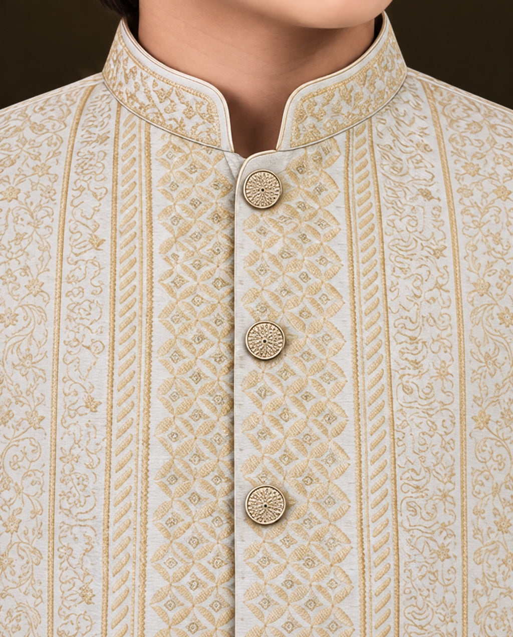 Boys Cream & Off-White Embroidered Waistcoat Suit — Detail — Harisan Wear