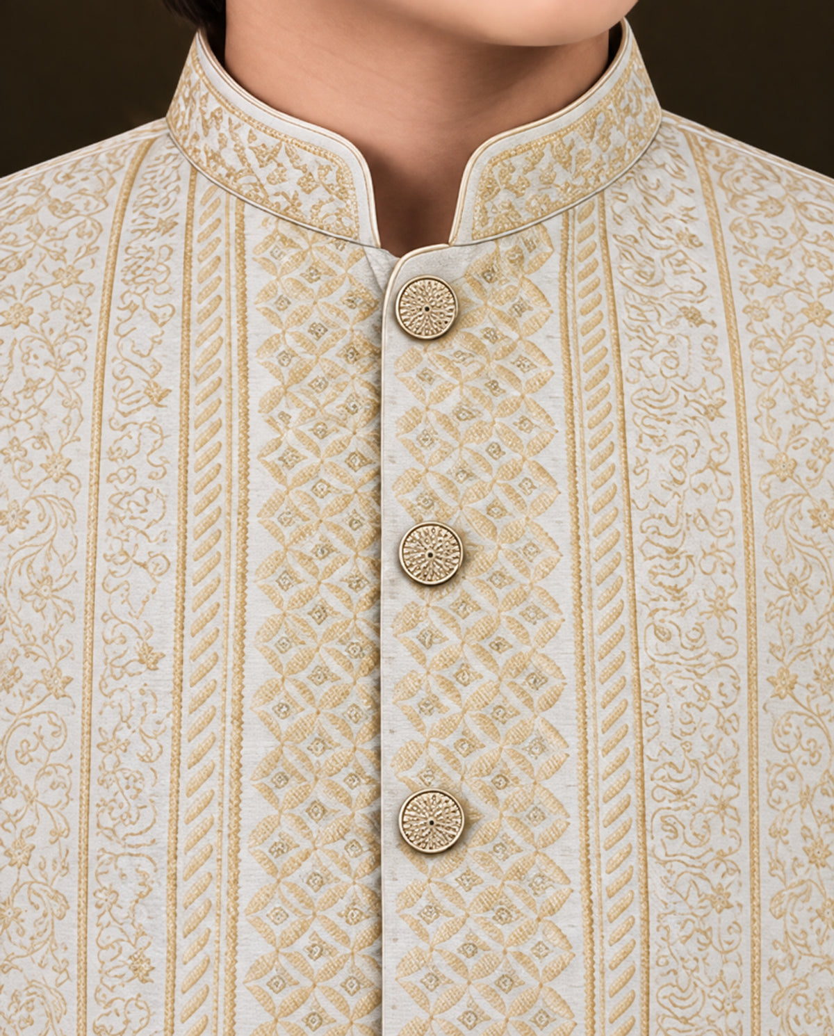 Boys Cream & Off-White Embroidered Waistcoat Suit — Detail — Harisan Wear