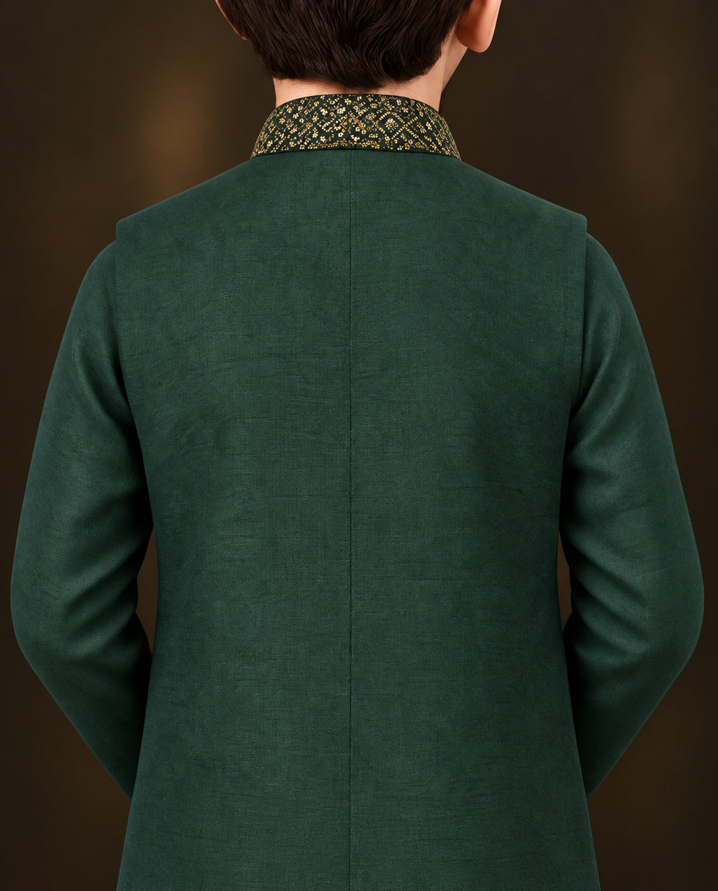 Boys Bottle Green Embroidered Waistcoat Suit — Back — Harisan Wear