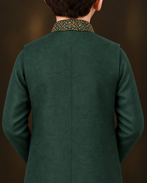 Boys Bottle Green Embroidered Waistcoat Suit — Back — Harisan Wear