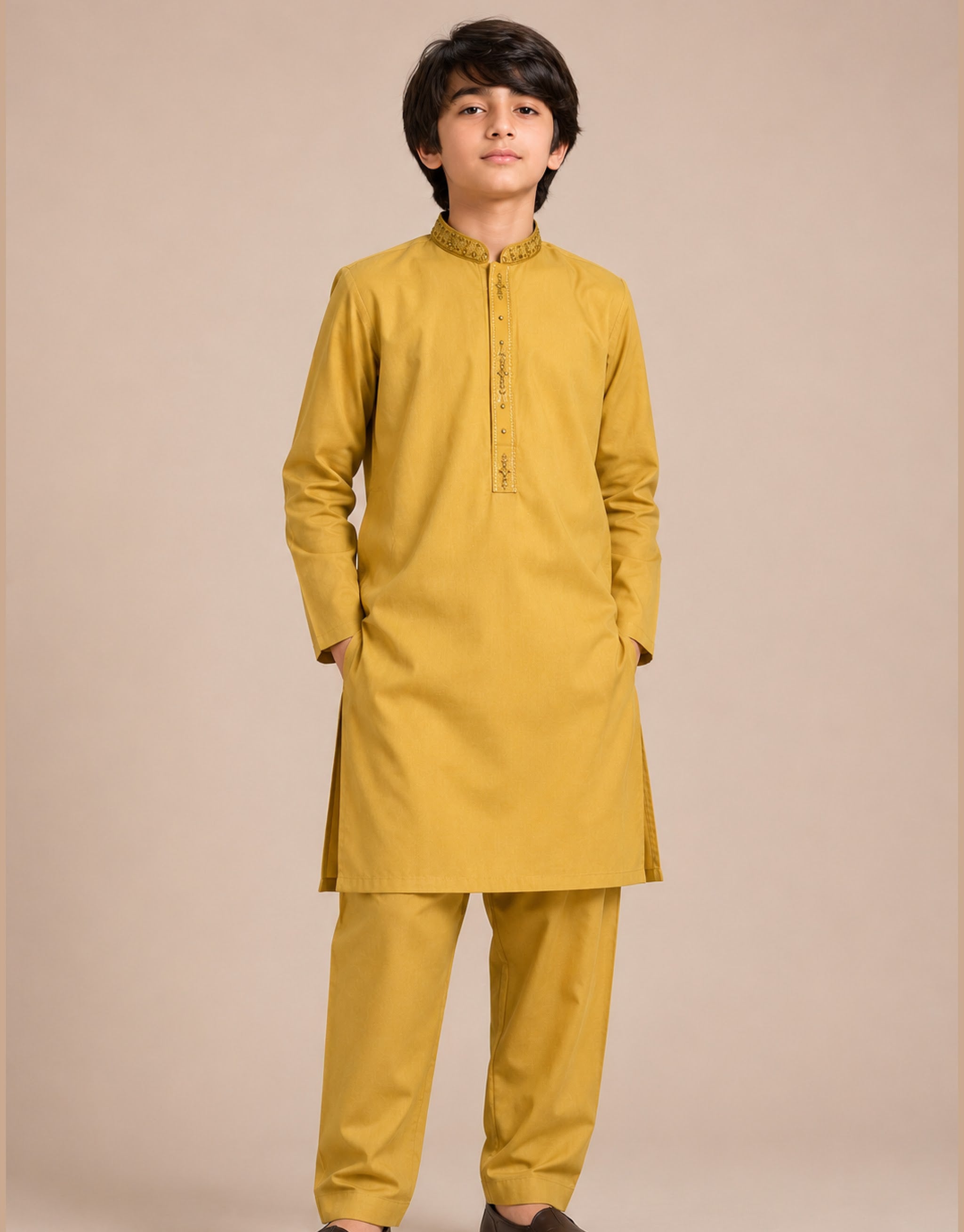 Boys Mustard Yellow Embroidered Kurta Shalwar — Harisan Wear