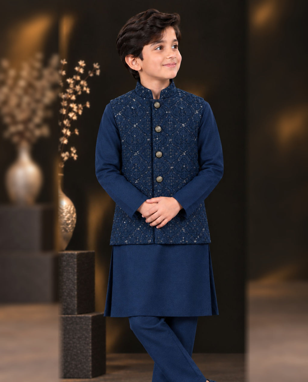 Boys Navy Blue Embroidered Waistcoat Suit — Front — Harisan Wear