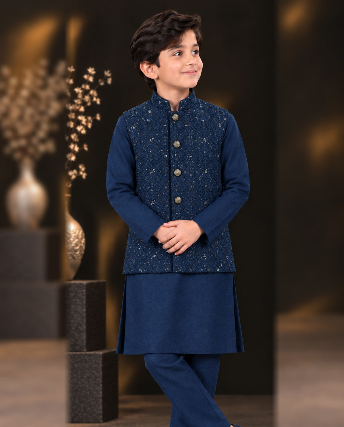 Boys Navy Blue Embroidered Waistcoat Suit — Front — Harisan Wear
