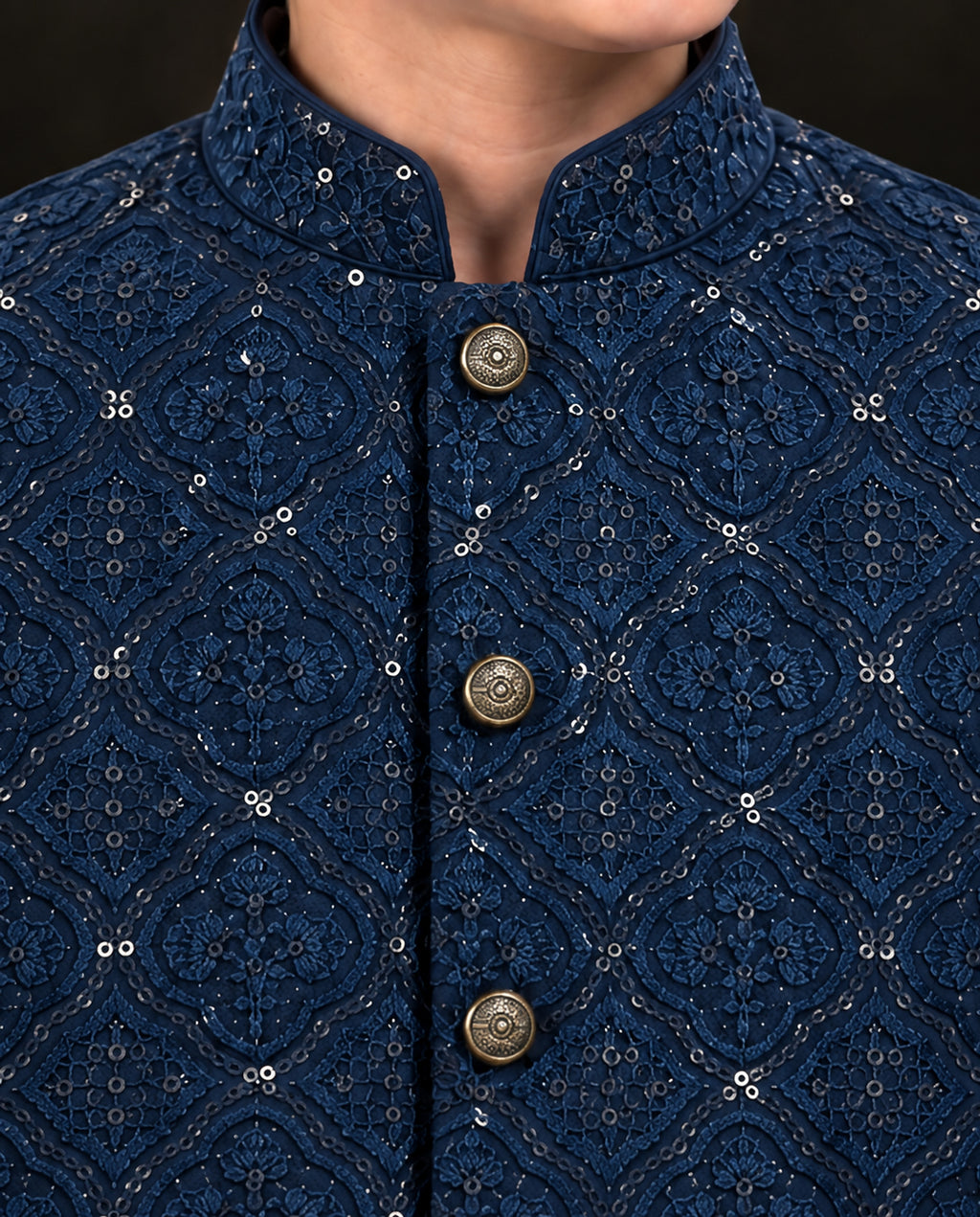 Boys Navy Blue Embroidered Waistcoat Suit — Detail — Harisan Wear