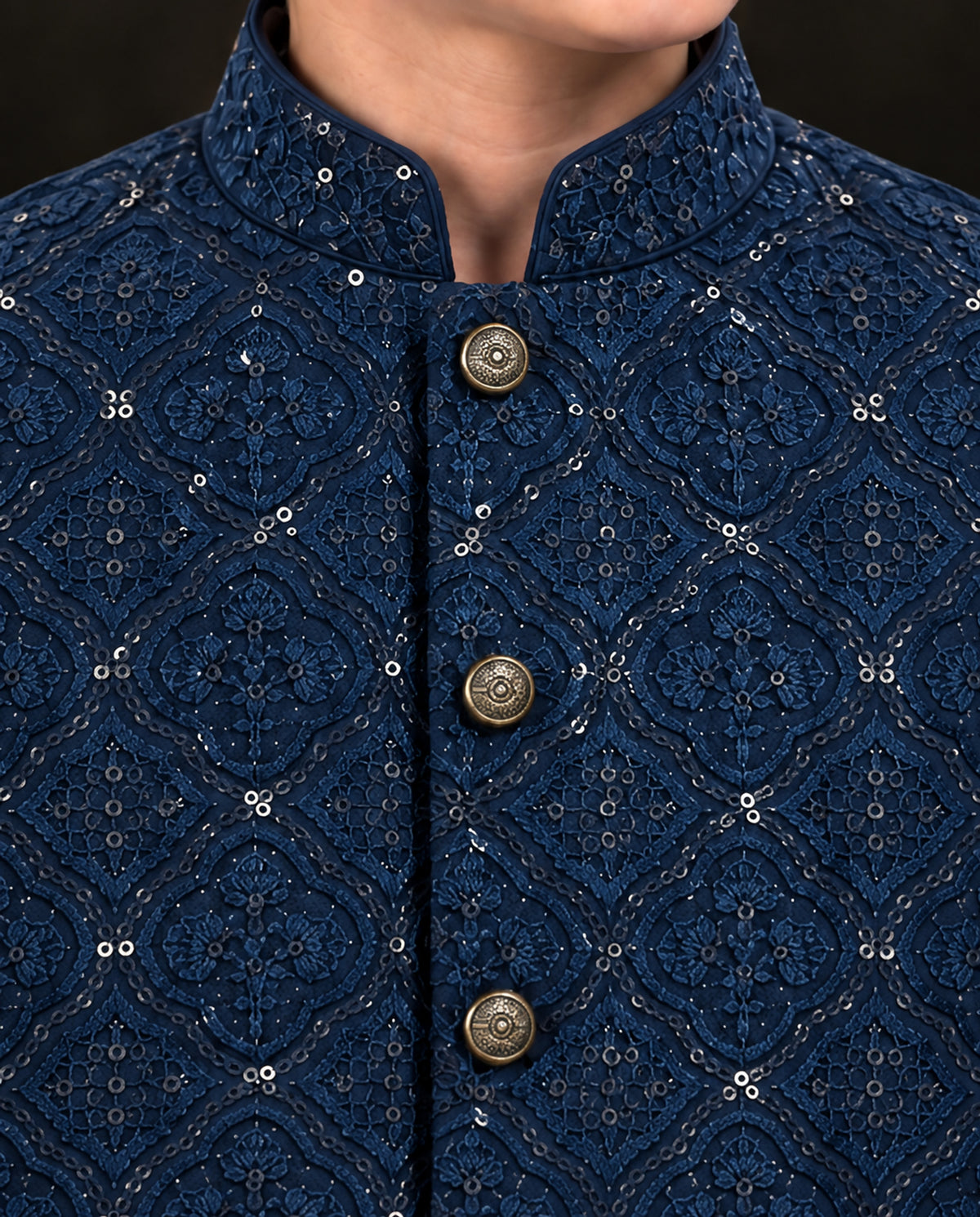 Boys Navy Blue Embroidered Waistcoat Suit — Detail — Harisan Wear