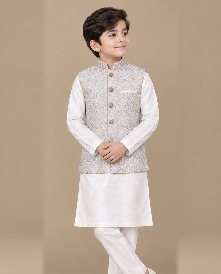 Boys Ivory & White Embroidered Waistcoat Suit — Royal Silk Kurta Shalwar