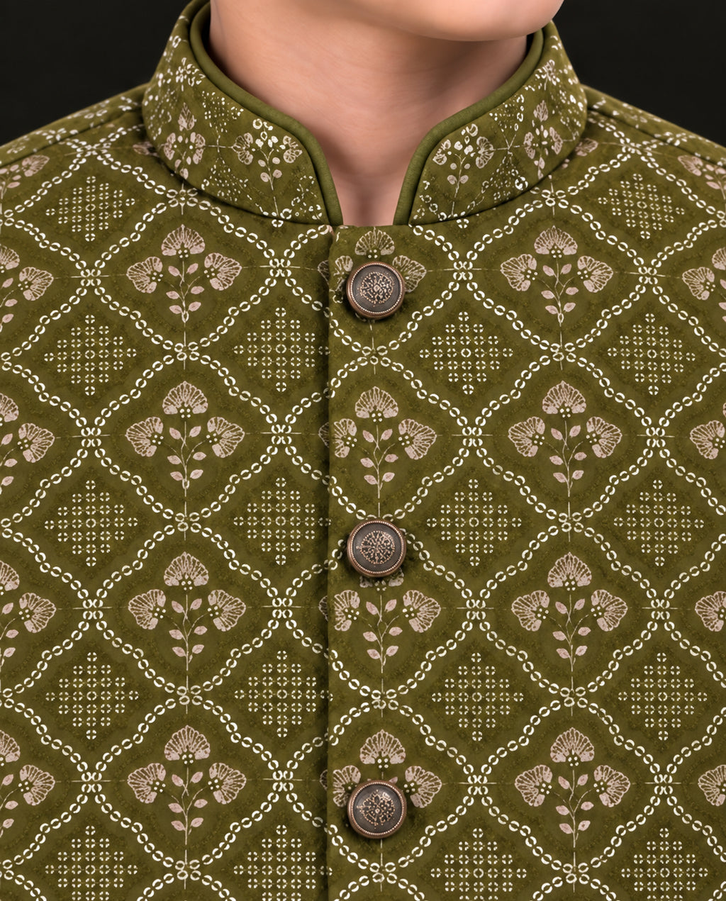 Boys Olive Green Embroidered Waistcoat Suit — Detail — Harisan Wear