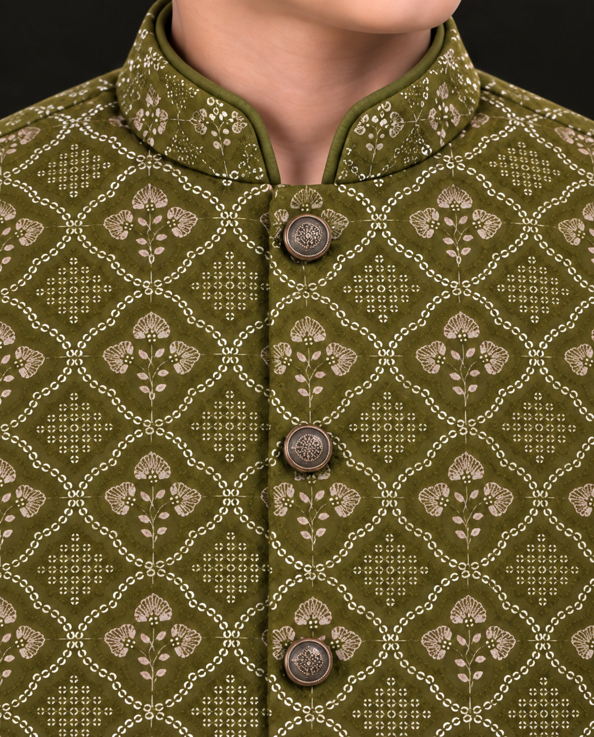 Boys Olive Green Embroidered Waistcoat Suit — Detail — Harisan Wear