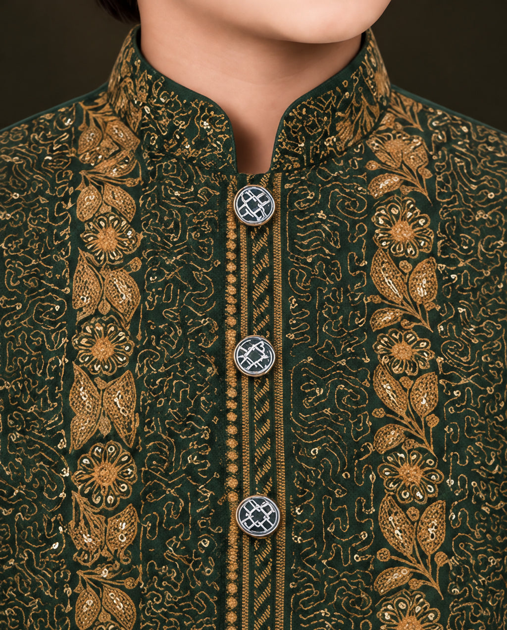 Boys Bottle Green Embroidered Waistcoat Suit — Detail — Harisan Wear