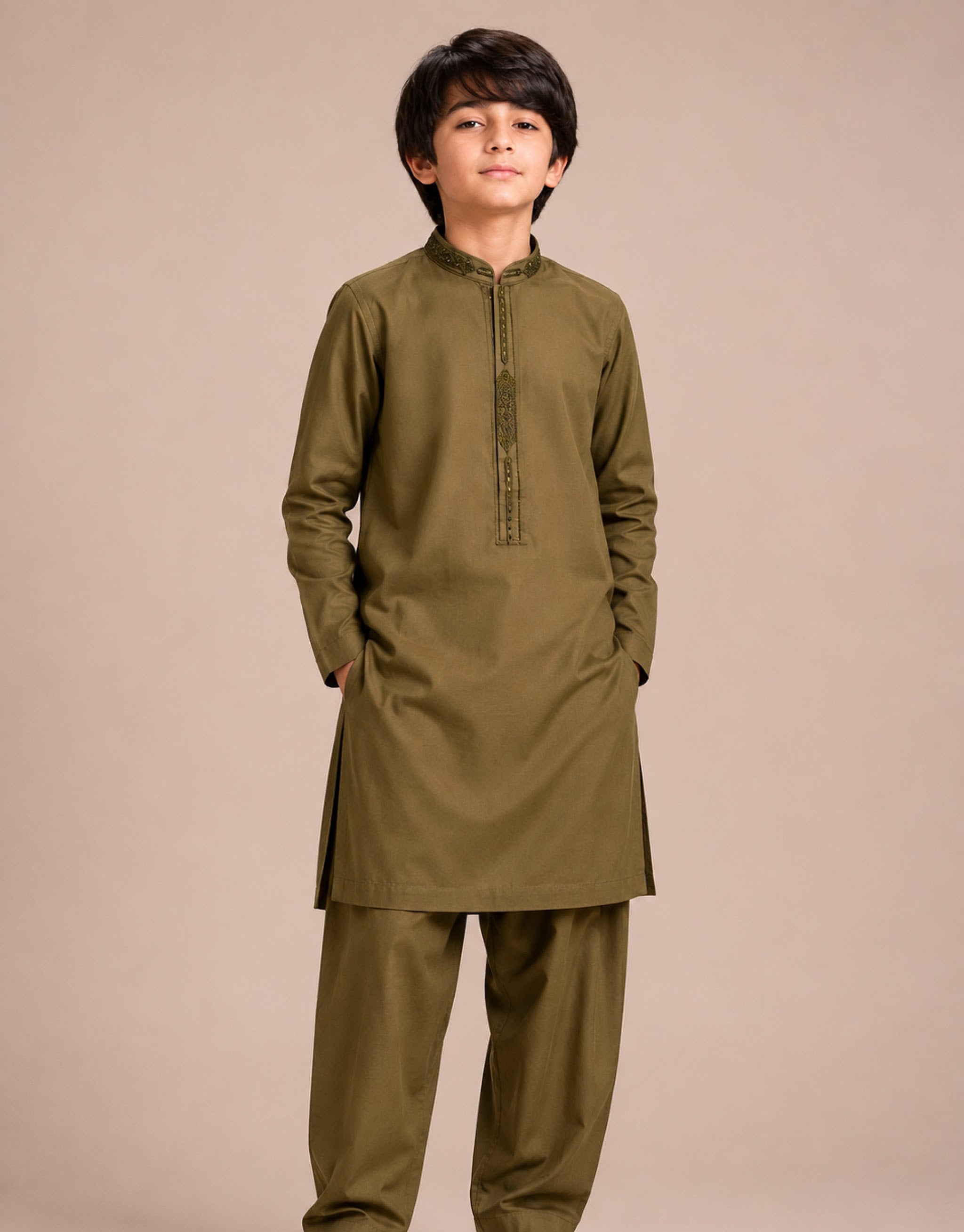 Boys Olive Green Embroidered Kurta Shalwar — Harisan Wear