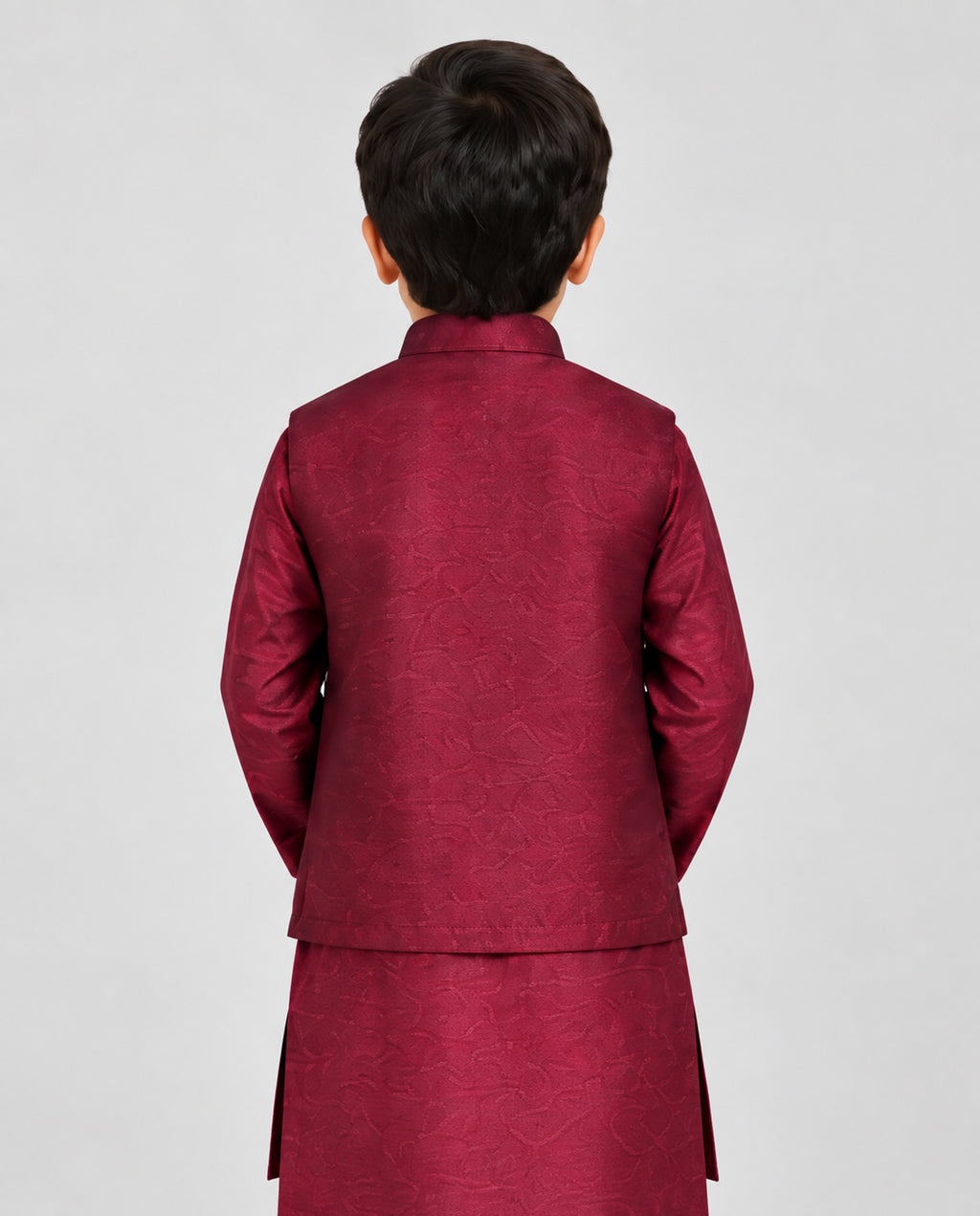 Boys Maroon Embroidered Waistcoat Suit — Back — Harisan Wear