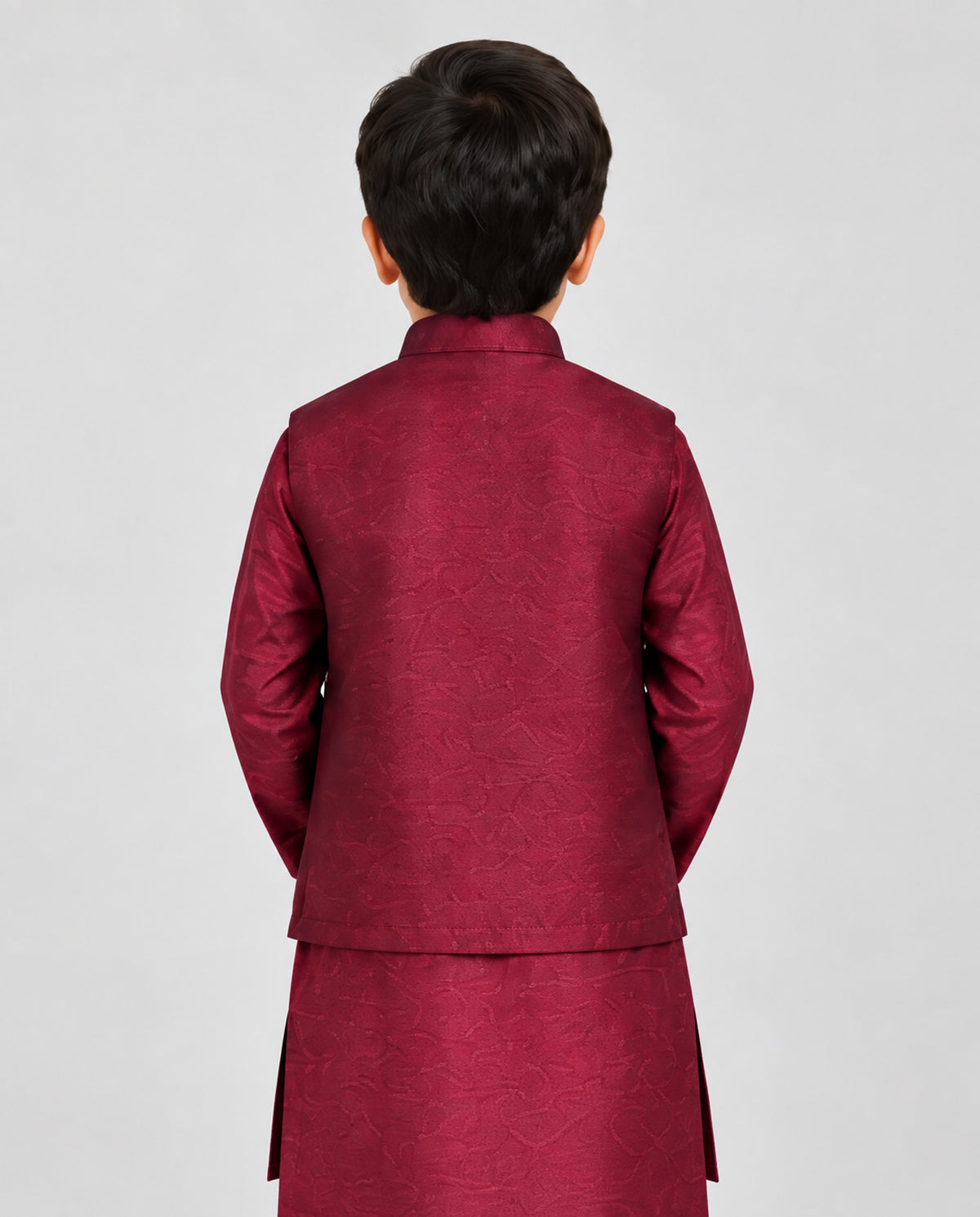 Boys Maroon Embroidered Waistcoat Suit — Back — Harisan Wear