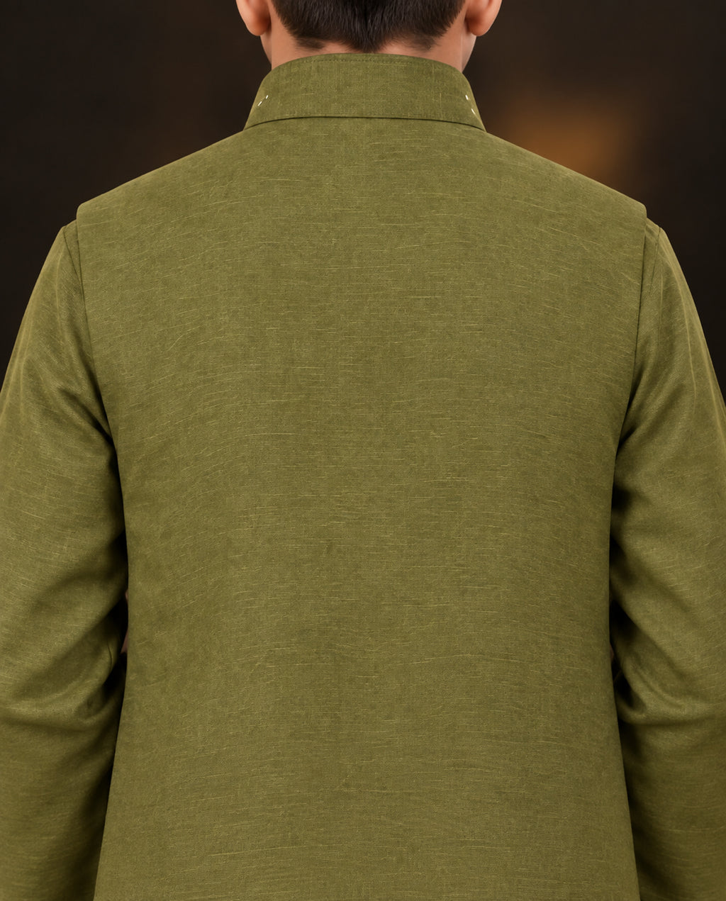 Boys Olive Green Embroidered Waistcoat Suit — Back — Harisan Wear