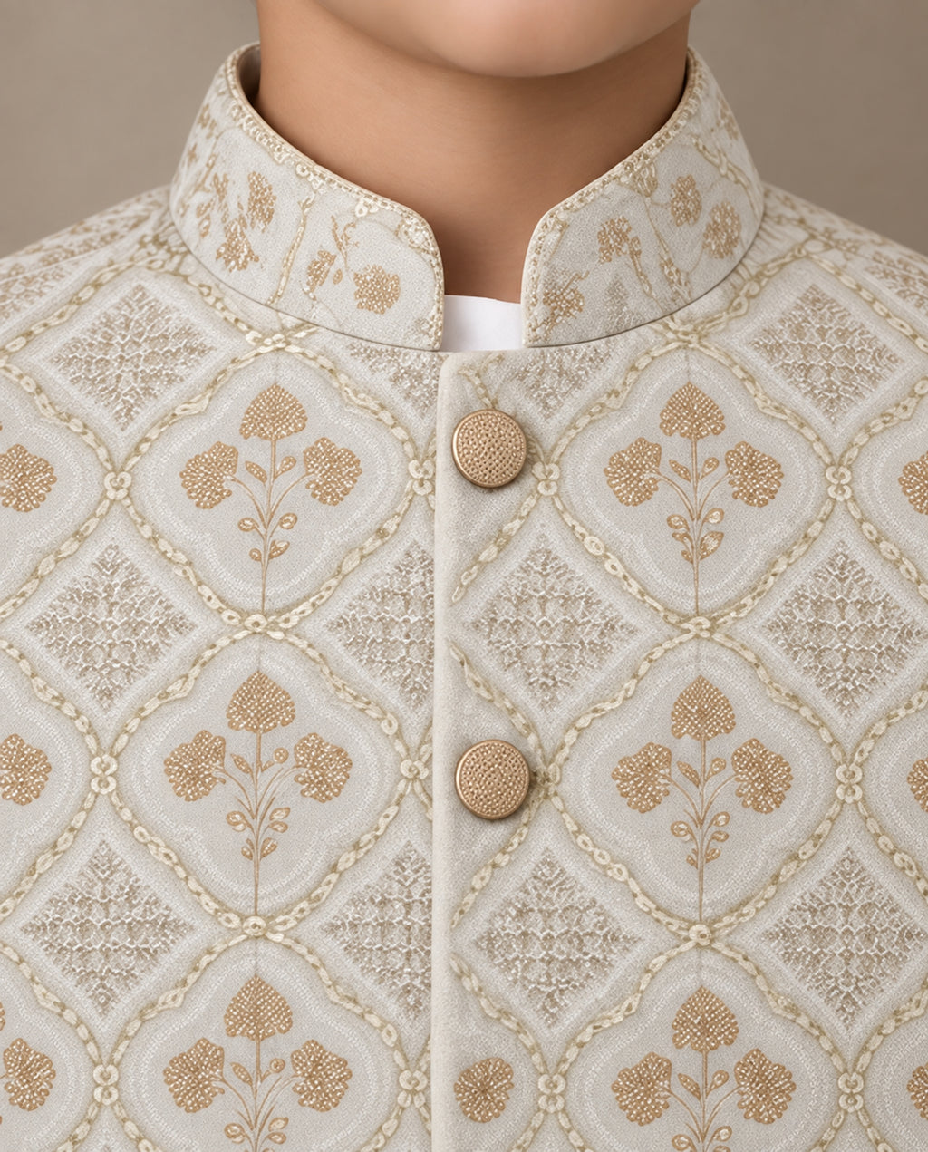 Boys Off-White & White Embroidered Waistcoat Suit — Detail — Harisan Wear
