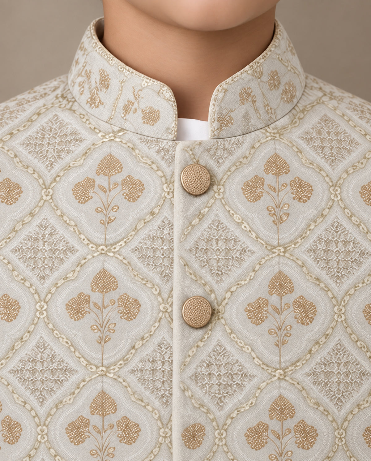 Boys Off-White & White Embroidered Waistcoat Suit — Detail — Harisan Wear