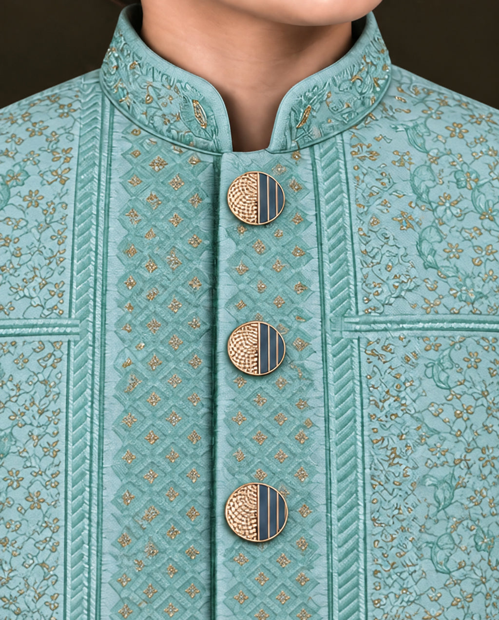 Boys Ice Blue Embroidered Waistcoat Suit — Detail — Harisan Wear