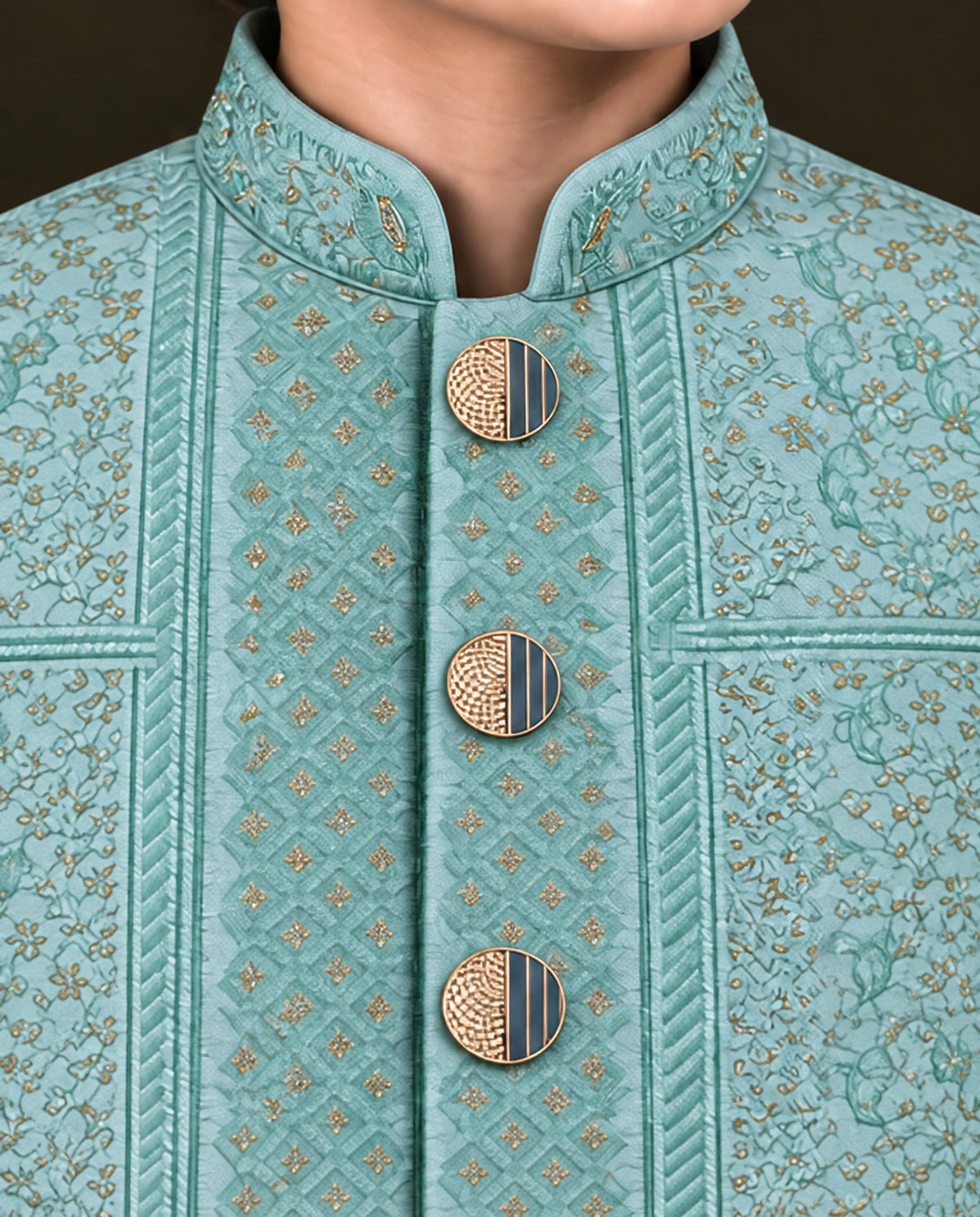 Boys Ice Blue Embroidered Waistcoat Suit — Detail — Harisan Wear