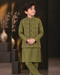Boys Olive Green Embroidered Waistcoat Suit — Front — Harisan Wear