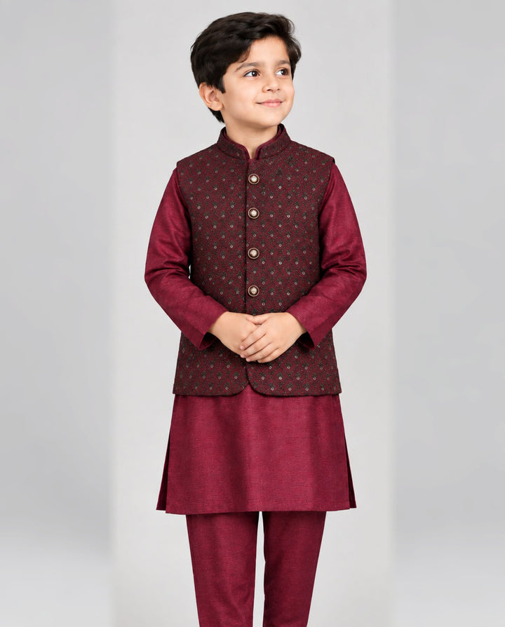 Boys Maroon Embroidered Waistcoat Suit — Royal Silk Kurta Shalwar