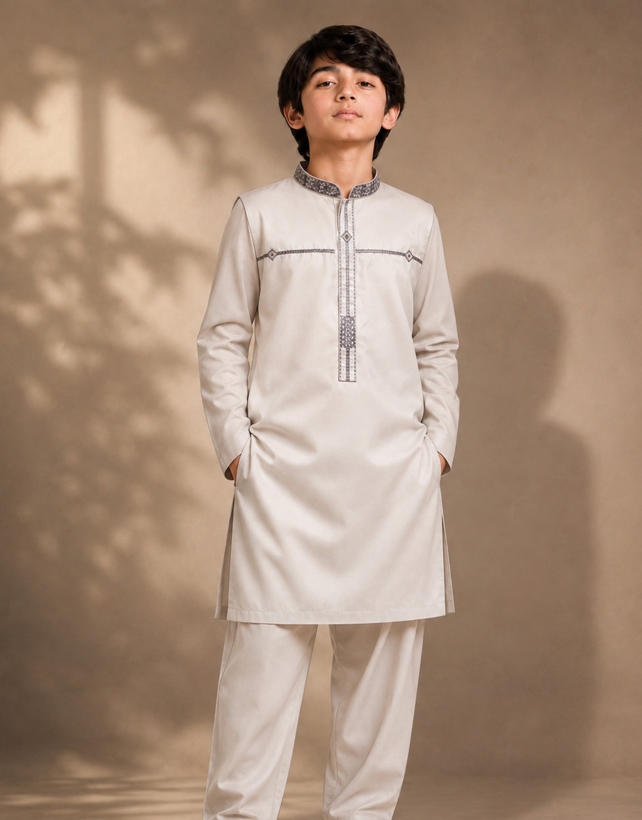 Boys Pearl Grey Embroidered Kurta Shalwar — Harisan Wear