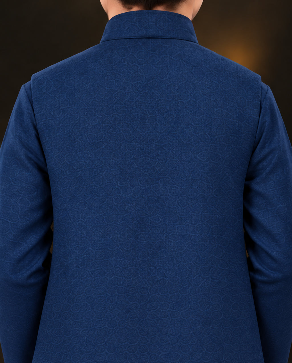 Boys Navy Blue Embroidered Waistcoat Suit — Back — Harisan Wear