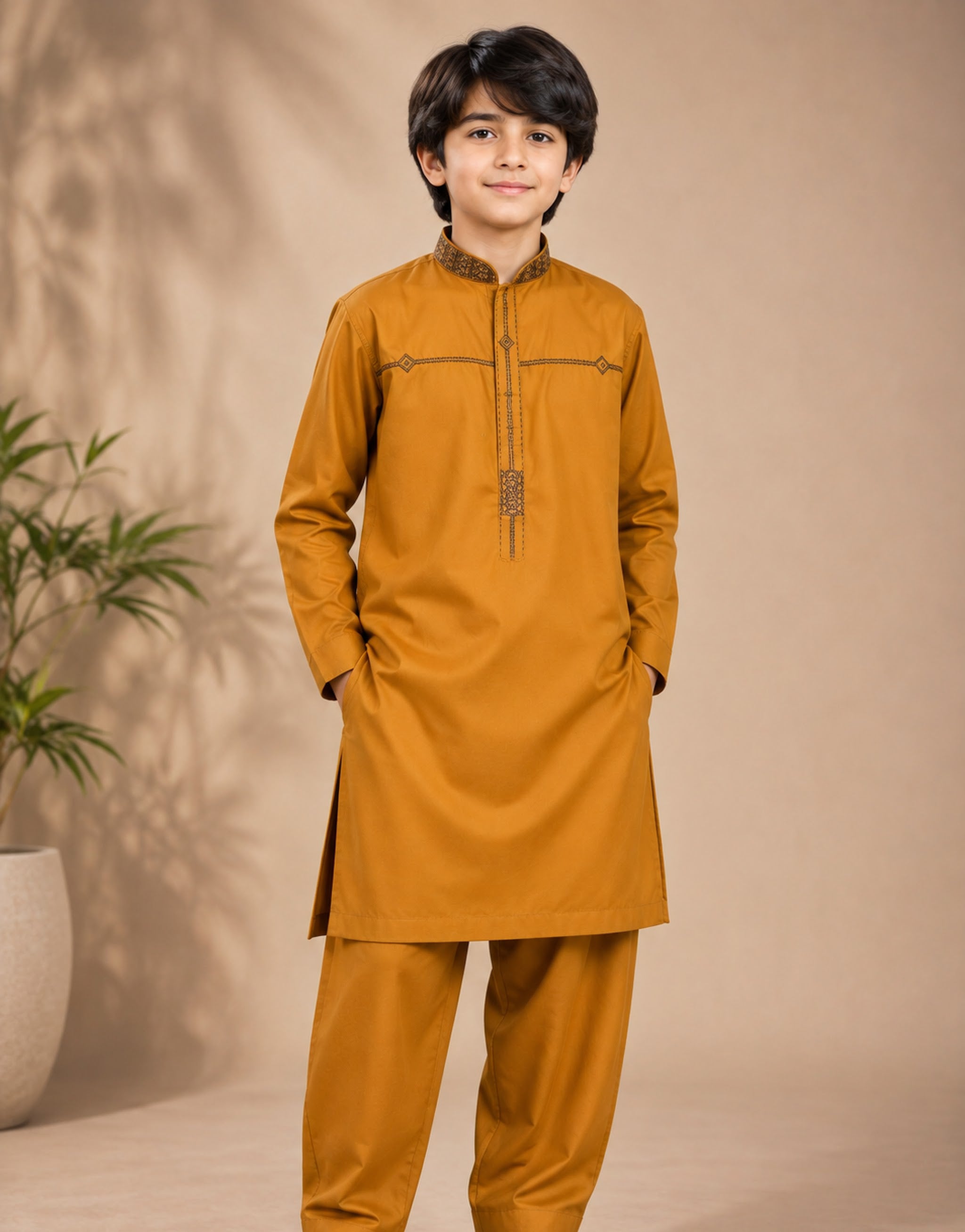 Boys Ochre Marigold Embroidered Kurta Shalwar — Harisan Wear
