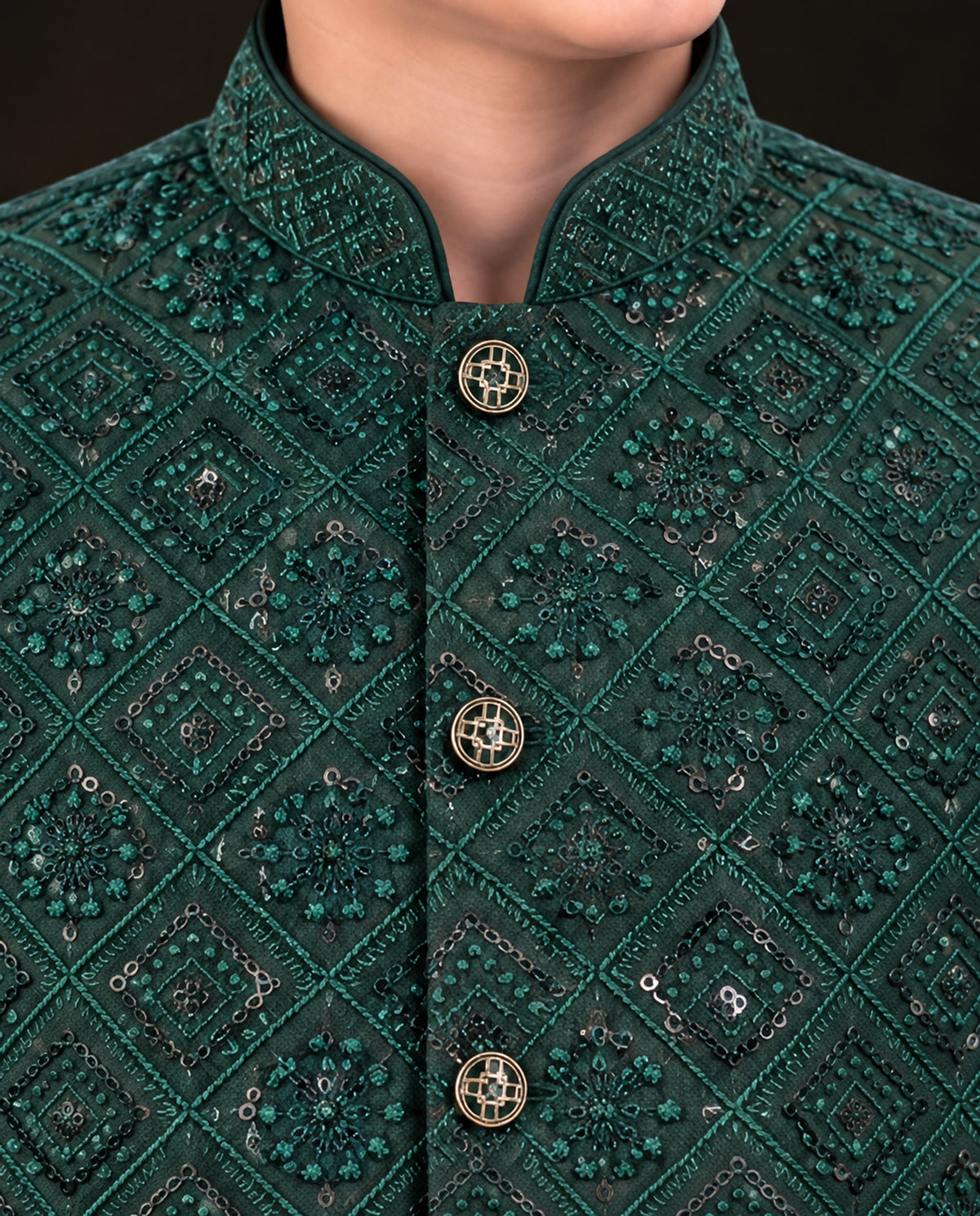Boys Emerald Green Embroidered Waistcoat Suit — Detail — Harisan Wear