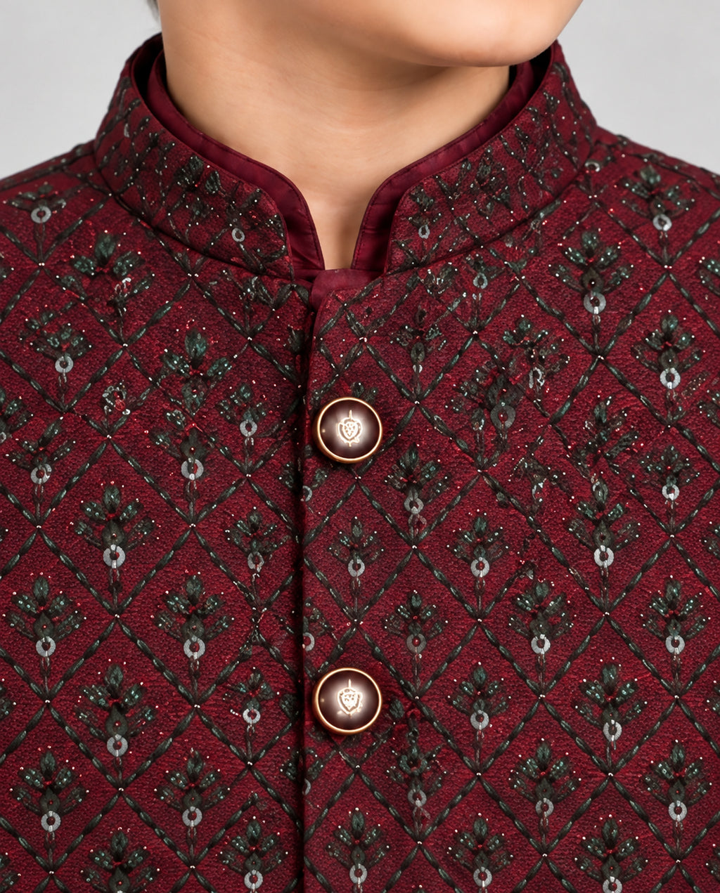 Boys Maroon Embroidered Waistcoat Suit — Detail — Harisan Wear