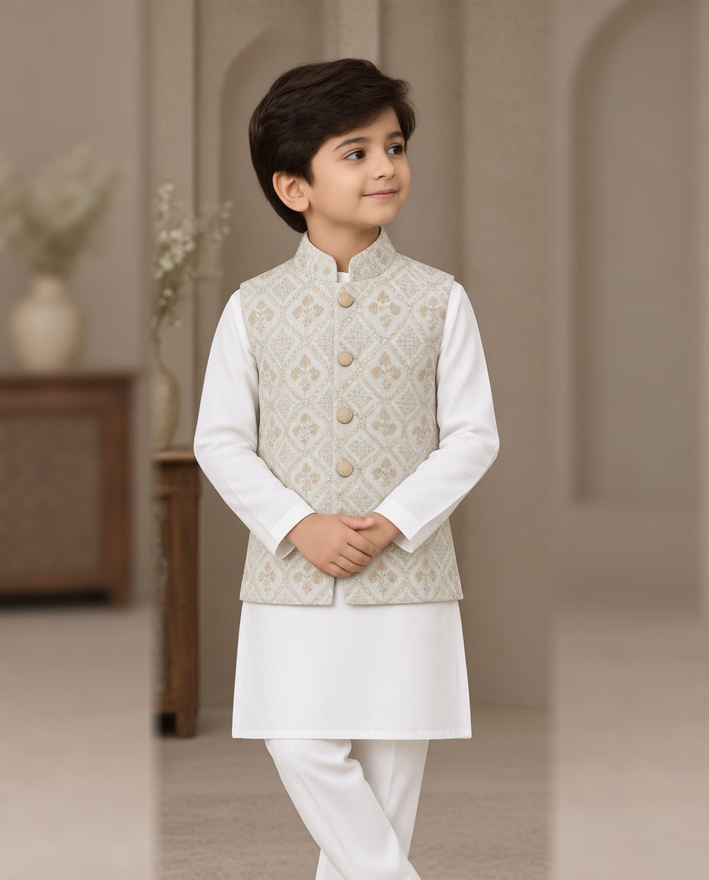 Boys Off-White & White Embroidered Waistcoat Suit — Front — Harisan Wear