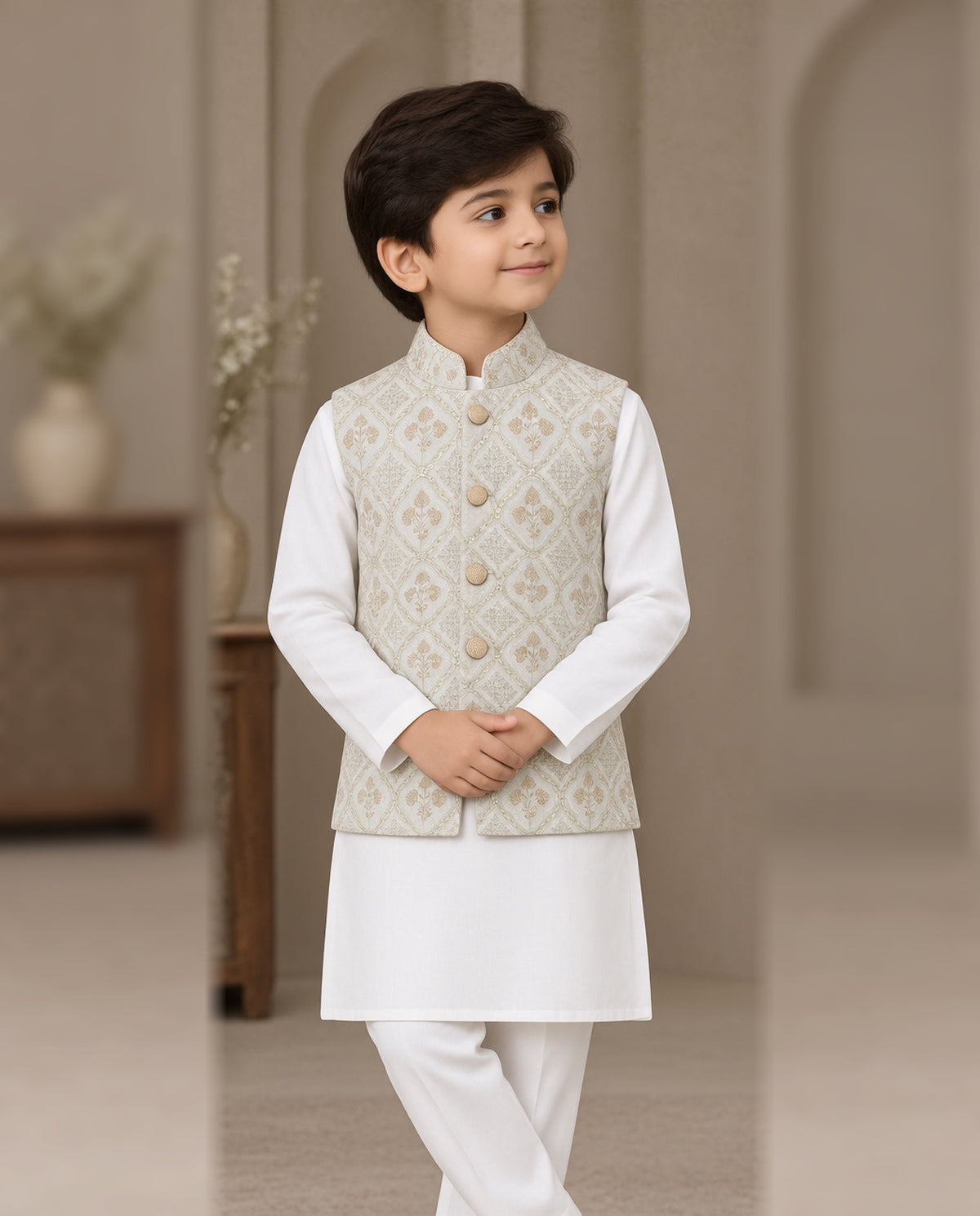 Boys Off-White & White Embroidered Waistcoat Suit — Front — Harisan Wear