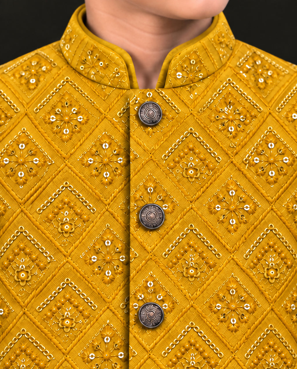 Boys Mustard Yellow Embroidered Waistcoat Suit — Detail — Harisan Wear