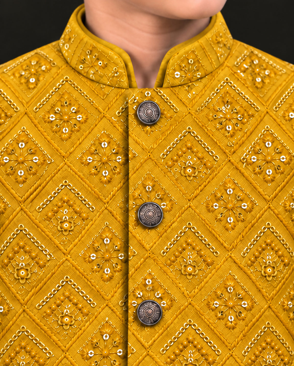 Boys Mustard Yellow Embroidered Waistcoat Suit — Detail — Harisan Wear