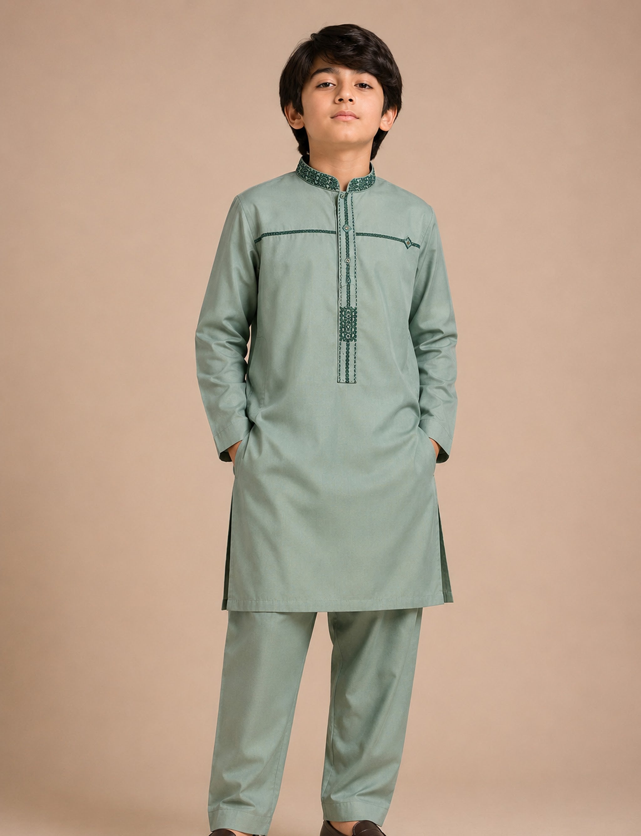Boys Sage Green Embroidered Kurta Shalwar — Harisan Wear