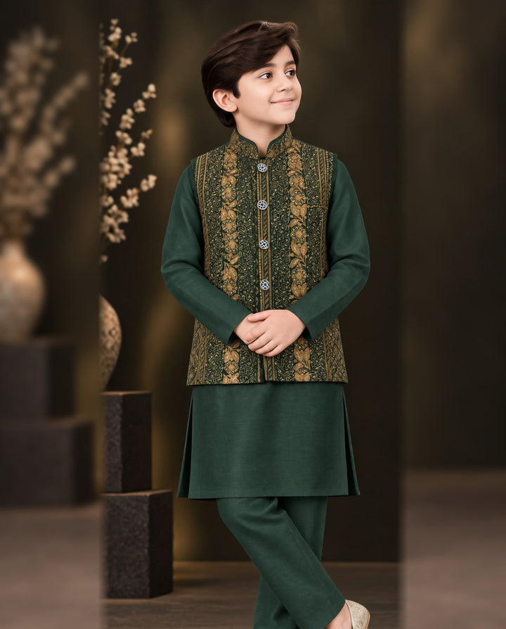 Boys Bottle Green Embroidered Waistcoat Suit — Royal Silk Kurta Shalwar