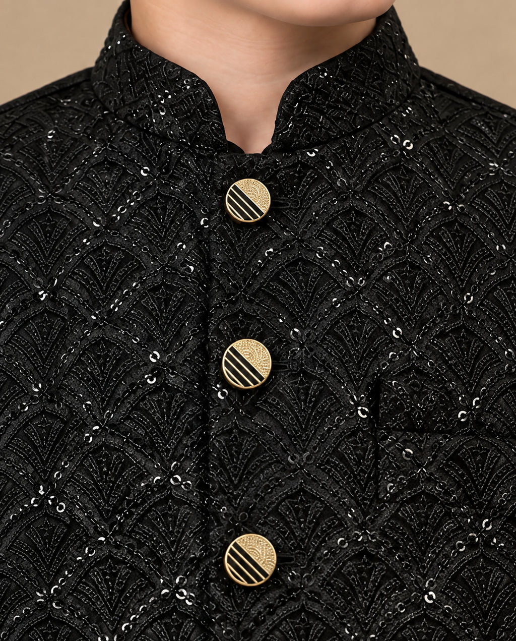 Boys Black Embroidered Waistcoat Suit — Detail — Harisan Wear
