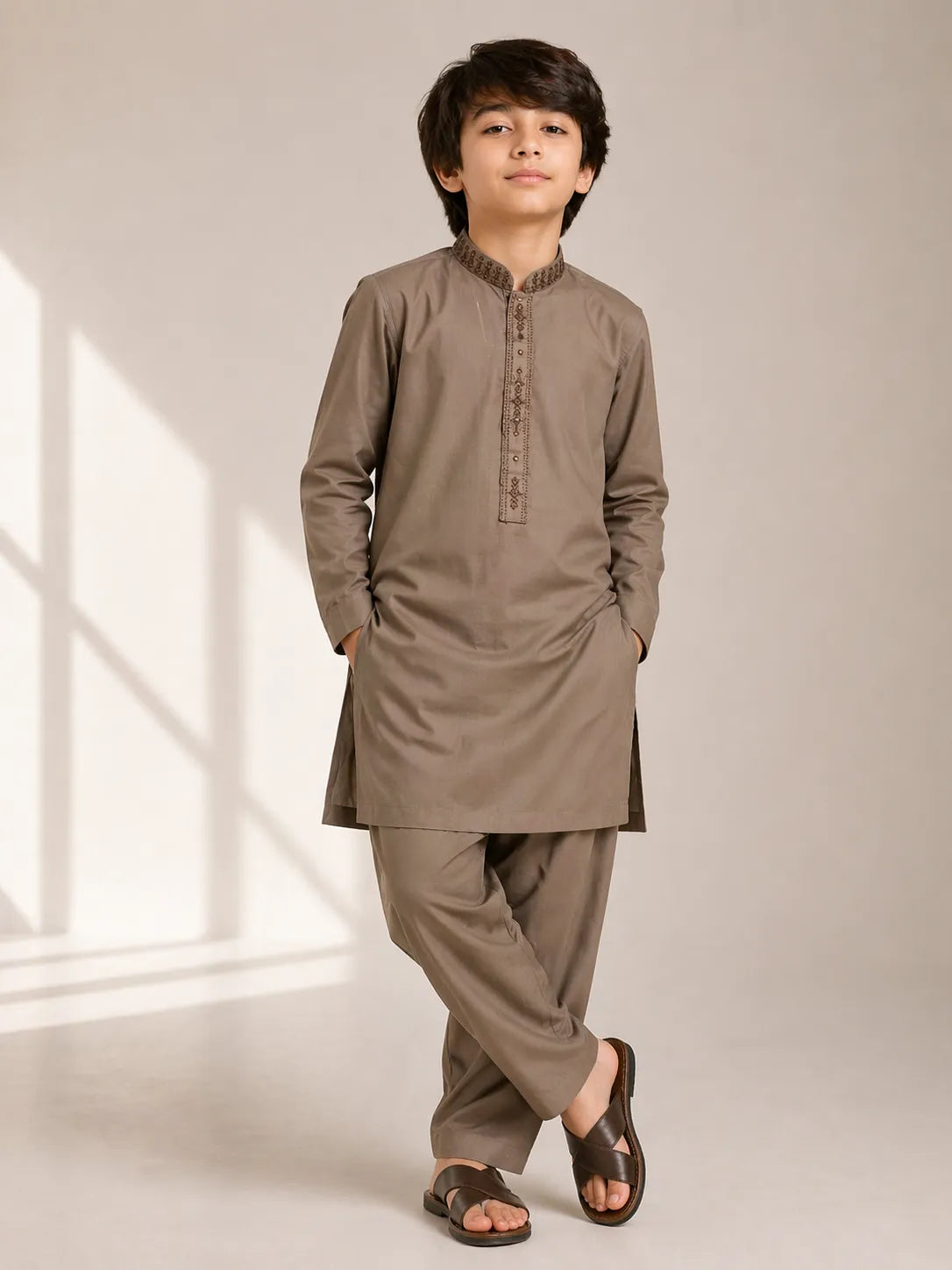Boys Brown Embroidered Kurta Shalwar — Cotton Lawn Chambray Eid