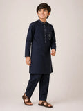 Boys Dark Navy Embroidered Kameez Shalwar — Cotton Lawn Chambray Eid
