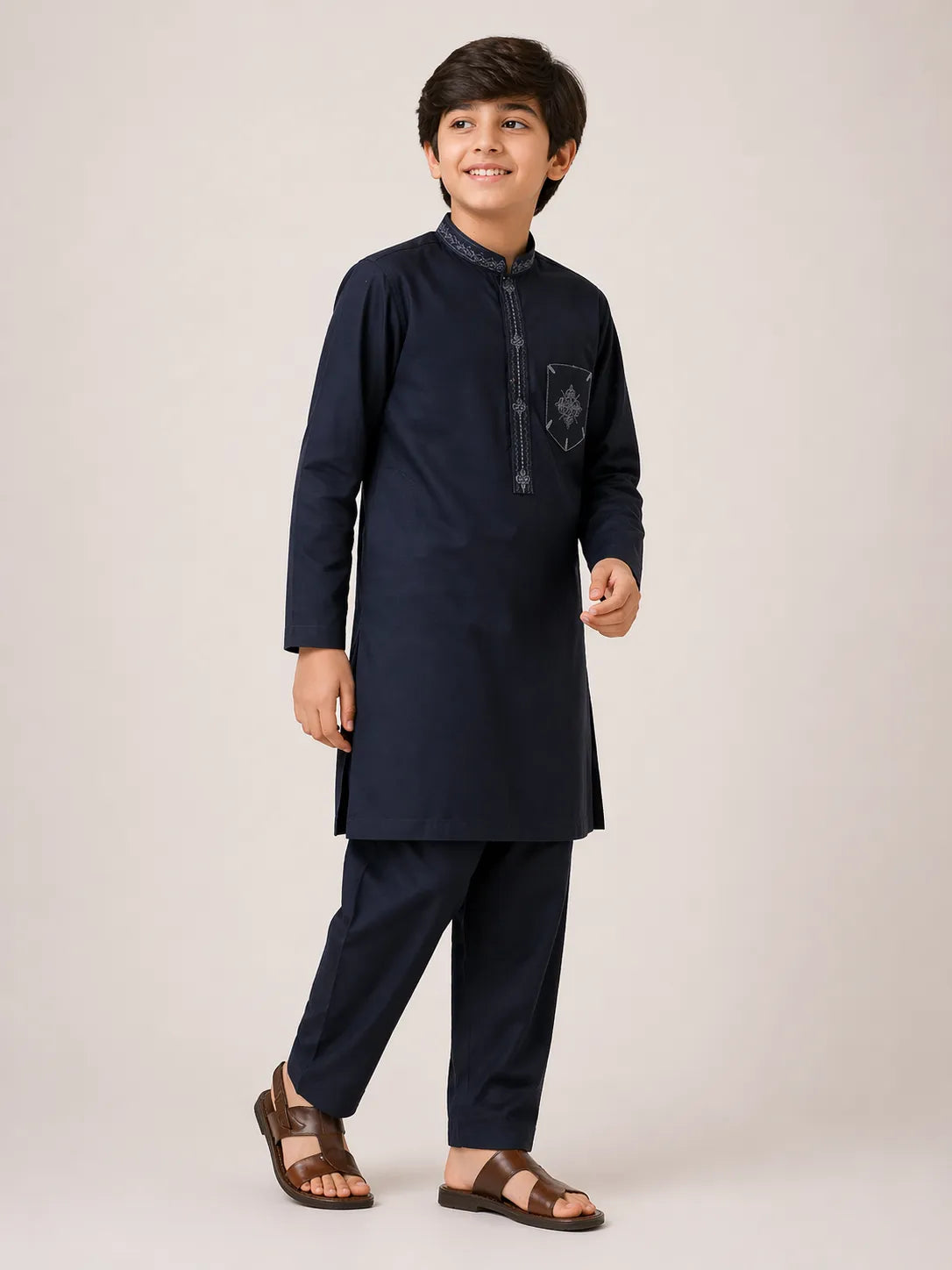 Boys Dark Navy Embroidered Kameez Shalwar — Cotton Lawn Chambray Eid