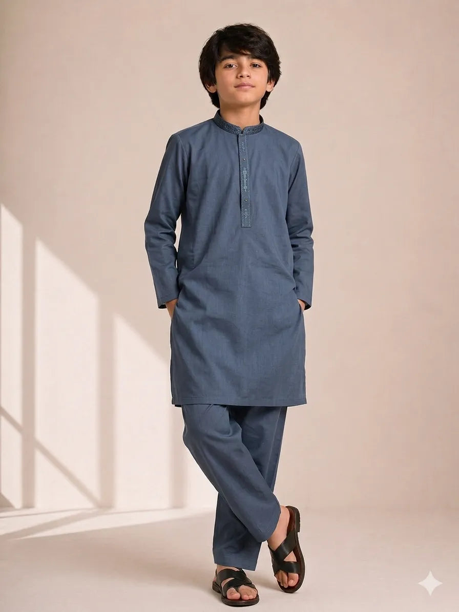 Boys Steel Blue Embroidered Kameez Shalwar — Cotton Lawn Chambray Eid