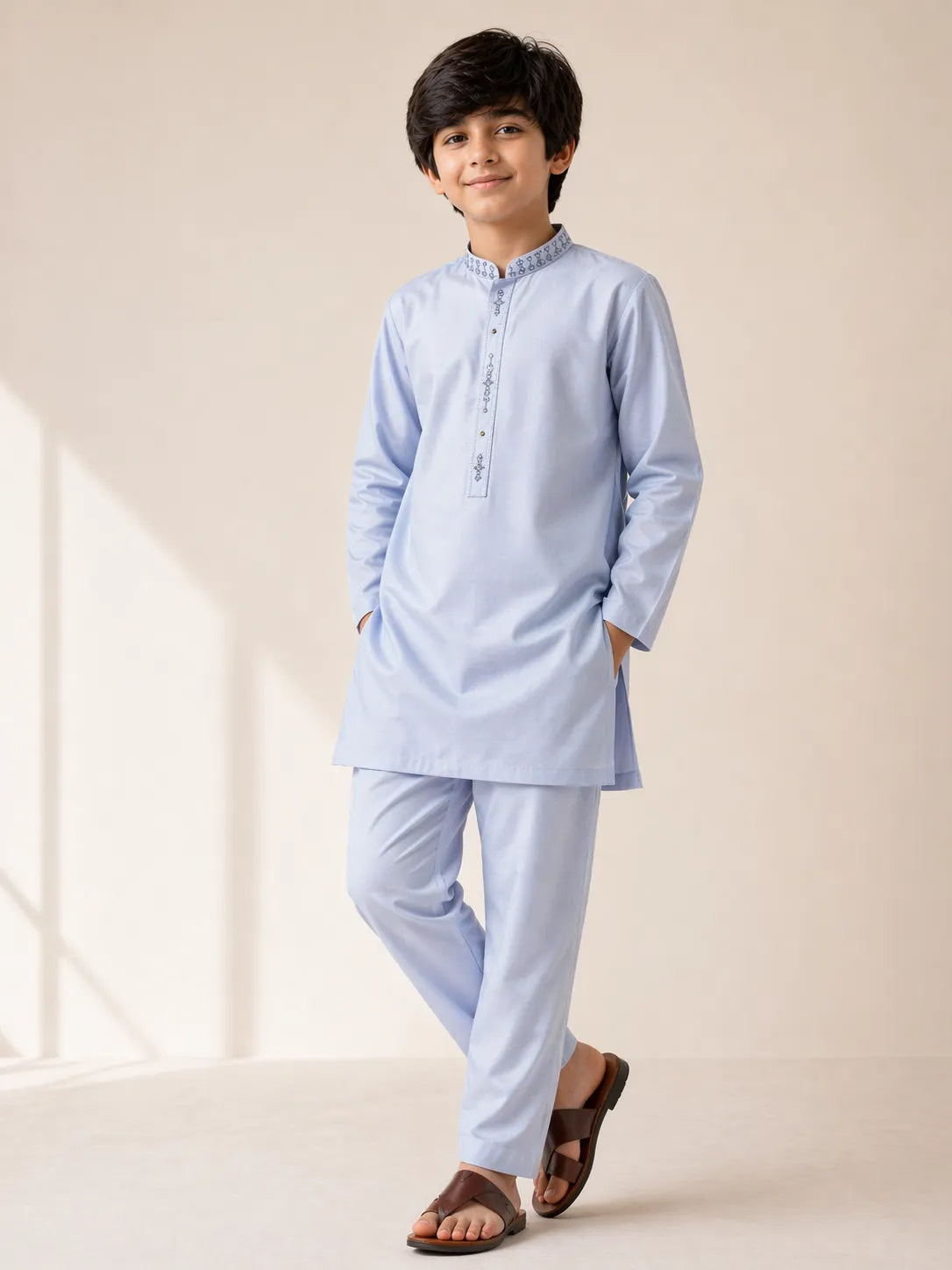 Boys Sky Blue Embroidered Kameez Shalwar — Cotton Lawn Chambray Summer Eid