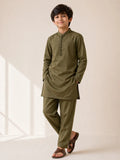 Boys Olive Green Kameez Shalwar — Cotton Lawn Chambray Mehndi Kurta Pajama for Kids